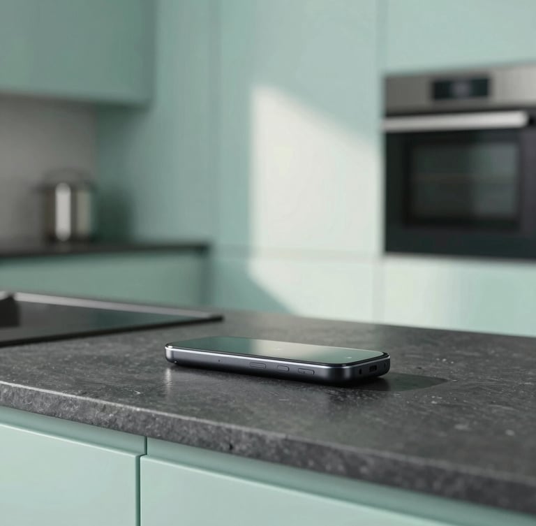 Sleek personal smart device resting on a dark slate kitchen countertop, soft morning light, minimalist architecture, desaturated mint tones, 35mm composition.