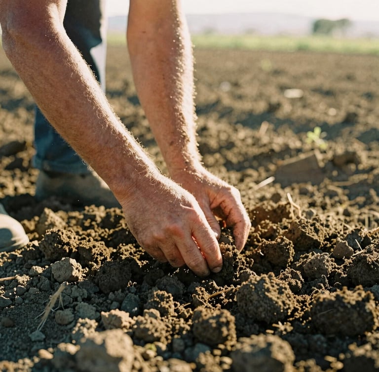 Sun-drenched close-up of a farmer's hands gently turning over dark, crumbly organic soil in a Ventura County field, warm golden-hour light highlighting the rich texture, 35mm film style.