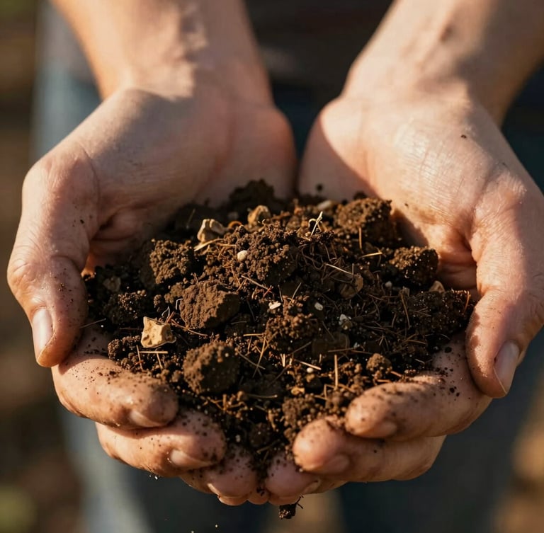 Macro shot of hands holding rich, crumbly dark soil filled with organic compost, warm sun-drenched lighting, shallow depth of field, 35mm film.
