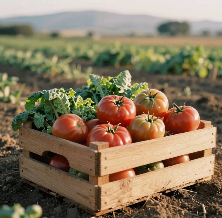 Low-angle photo of a wooden crate overflowing with heirloom tomatoes and leafy greens, sitting in sun-drenched Ventura valley soil, warm golden-hour California sunlight, 35mm film style.