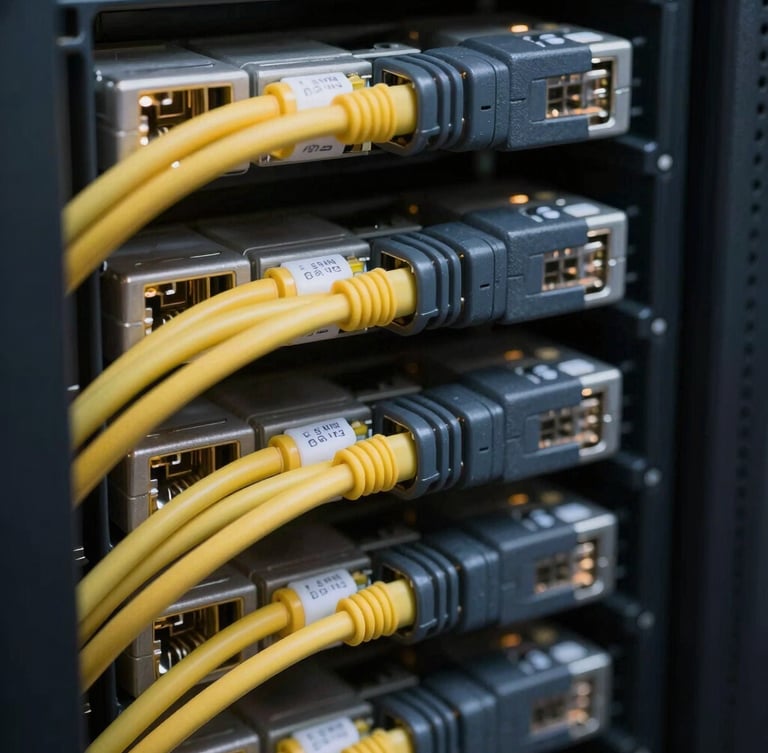 Macro shot of perfectly bundled and labeled network cables in a server rack, crisp high-contrast interior lighting, deep charcoal and amber tones, high detail, 35mm