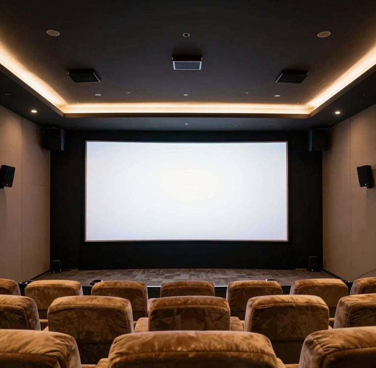 Straight-on architectural shot of a luxurious home theater with a large screen, concealed speakers, and plush seating, clean interior lighting, deep charcoal and amber tones, high detail, 35mm