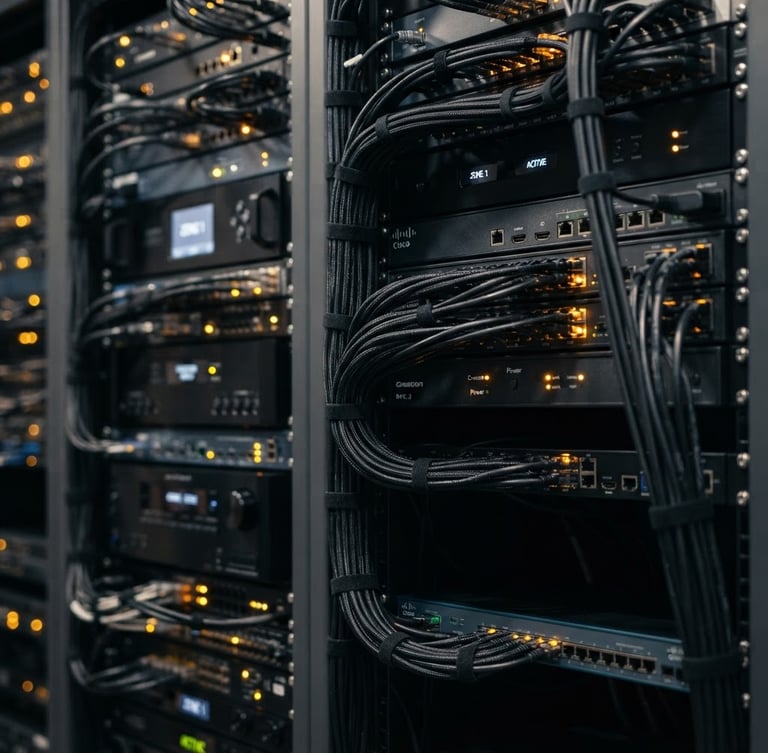 Macro shot of a perfectly dressed AV rack, custom low-voltage wiring bundled with precision, glowing amber indicator lights, sharp architectural photography, clean interior lighting, deep charcoal and amber tones, high detail, 35mm.