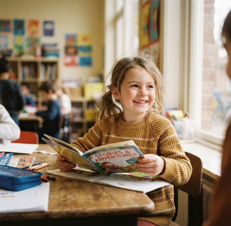 Candid portrait of a young child smiling at their desk in a sunlit classroom, holding a newly opened book, warm natural daylight, shallow depth of field, authentic moment.