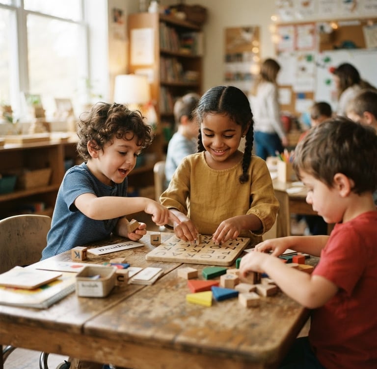 Warm editorial photography of children engaged in active learning around a wooden table, soft natural daylight filtering through a window, authentic candid moments, shallow depth of field.