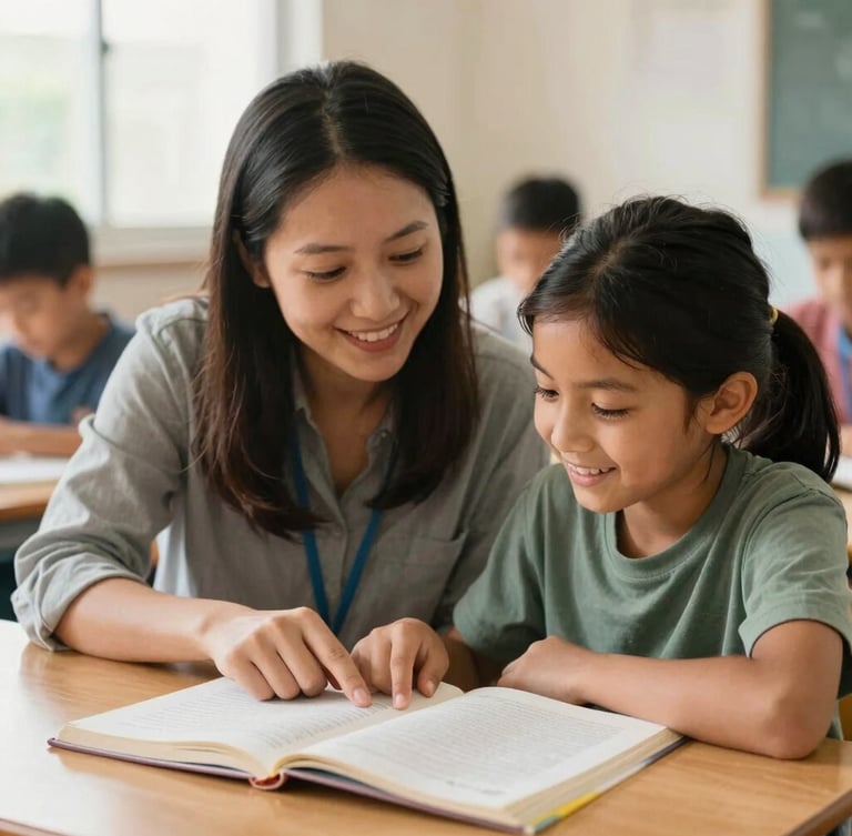A warm, daylight-filled classroom scene where a local volunteer tutor is sitting beside a young student, pointing to a page in a book, both smiling with genuine curiosity.
