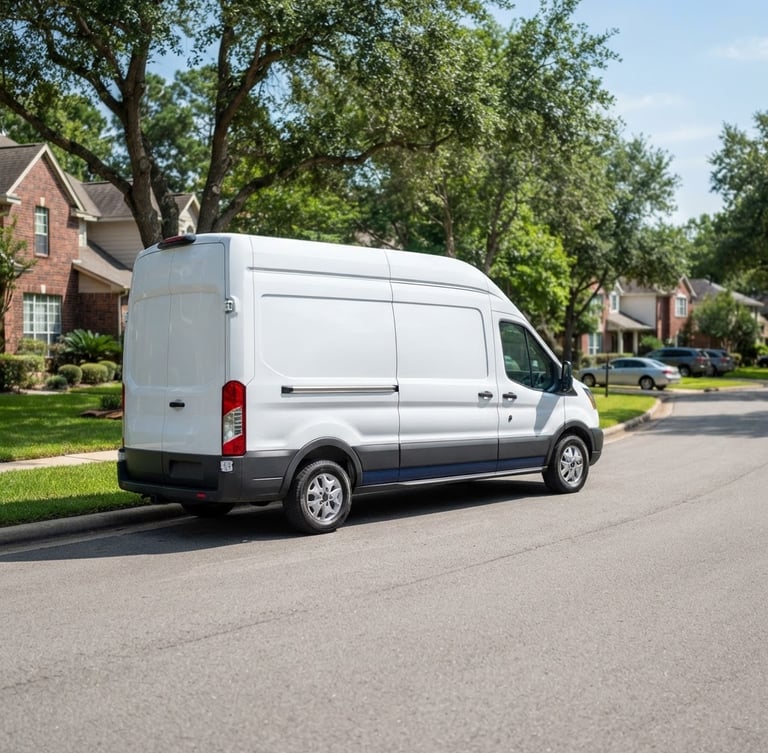 A clean, professional plumbing dispatch truck parked on a sunlit suburban street, bright natural daylight, sharp focus, 35mm