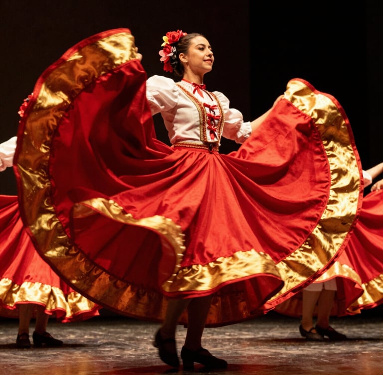 Low-angle action shot of folkloric dancers in mid-motion, vibrant crimson and gold skirts swirling, dramatic stage lighting highlighting the fabric texture, 35mm film grain