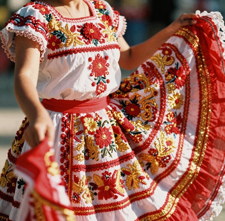 Close-up of vibrant, intricately embroidered traditional Mexican folkloric dress textiles, warm natural sunlight highlighting the rich red and gold threads.