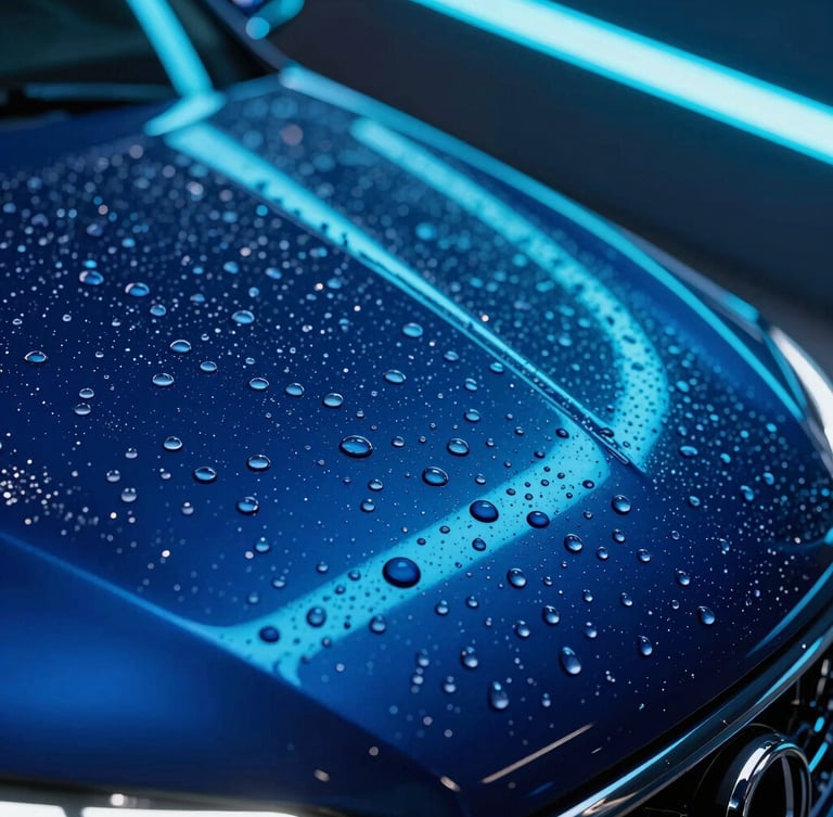 Macro close-up of water droplets beading perfectly on a highly polished dark blue car hood, reflecting bright cyan overhead neon lights, sharp focus