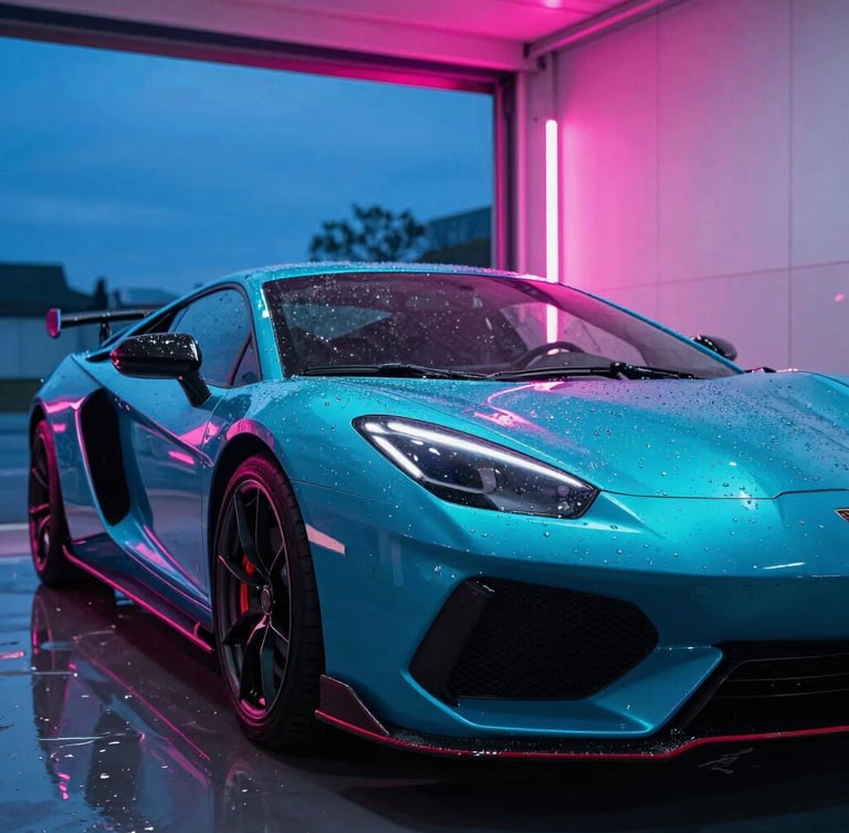 Low-angle dynamic shot of a sports car exiting an illuminated wash bay at dusk, vibrant cyan and hot pink neon reflections on wet metallic paint, water beading sharply on the hood, 35mm lens