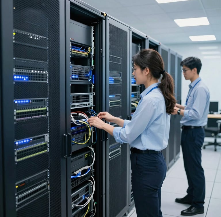 Profissionais de TI colaborando em um ambiente de data center moderno com servidores e cabos organizados, luz natural e tons frios.