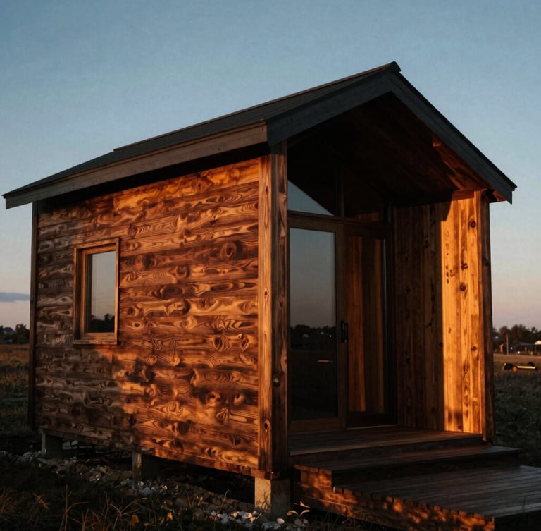 Dramatic architectural wide shot of a custom luxury wooden cabin at twilight, warm golden-hour side-lighting, deep shadows emphasizing rich walnut wood grain, medium format film look.