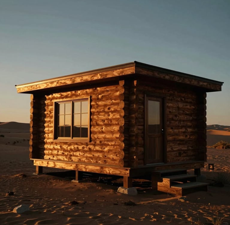 Dramatic architectural wide shot of a luxury custom wooden cabin in the desert at twilight, golden-hour side-lighting reflecting off hand-finished walnut logs, deep shadows, cinematic medium format film look