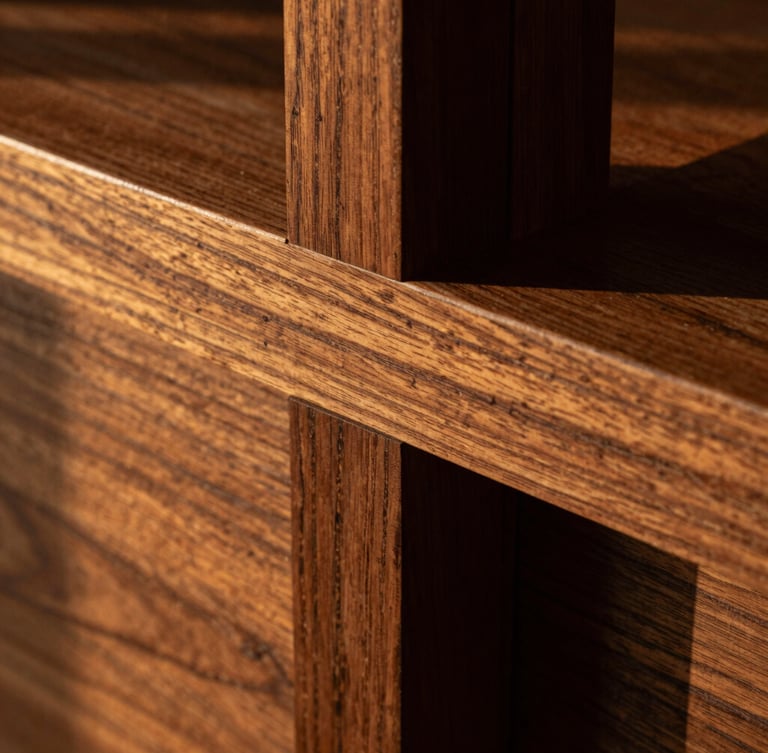 Extreme macro detail shot of flawless mortise-and-tenon joinery, rich dark walnut wood grain with deep shadows and warm golden sidelight