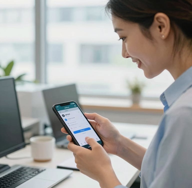 Close-up of a friendly office assistant helping a local driver configure the inDrive app on his smartphone inside a bright, clean PWD office, natural daylight, authentic interaction.