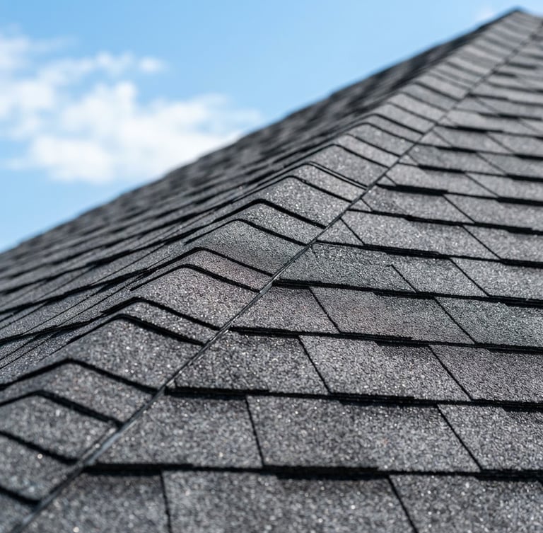 Close-up of clean residential asphalt shingles against a bright North Texas sky, crisp focus, professional editorial photography