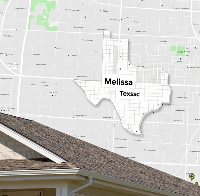 Detailed map of Melissa, Texas and surrounding Collin County towns, highlighting service areas, clean and professional, bright natural daylight