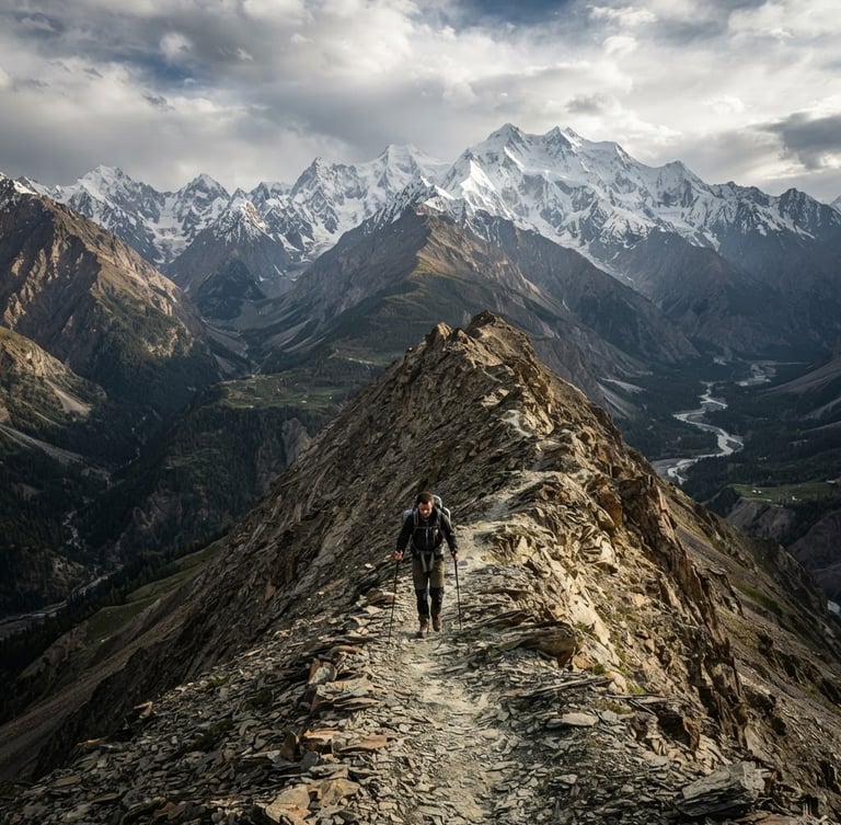 Rugged outdoor photography of a lone trekker navigating a narrow ridge-line in Hunza, dramatic high-altitude alpine light, towering snow-capped Karakoram peaks in the background, deep forest and earth tones, 24mm wide-angle.