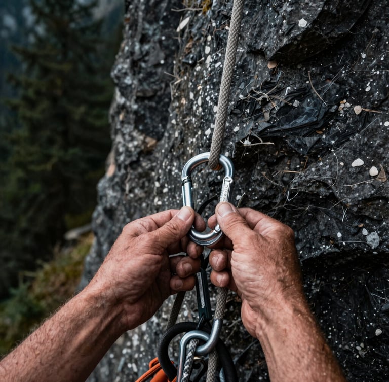 Tight macro shot of weathered hands checking climbing ropes and steel carabiners against a backdrop of dark alpine slate, natural light.