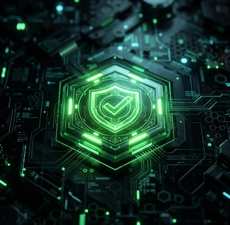 Macro close-up of a glowing digital interface displaying a green verified merchant badge, dark high-tech background with neon green ambient light, sharp contrast, 3d render style