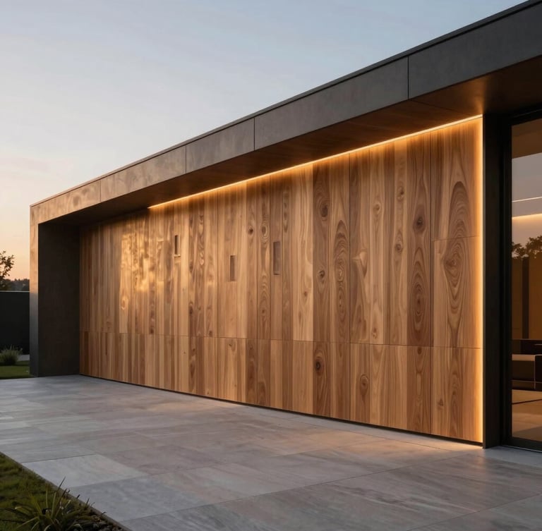 Wide-angle architectural photograph of a modern luxury living room at dusk, custom oak wall paneling with integrated soft bronze LED lighting, zero visible wires, clean structured lines, 35mm lens.