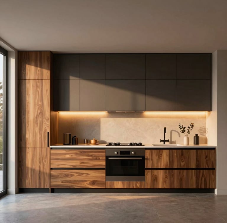 A split-screen style architectural rendering transitioning to a real photograph of a luxury kitchen with integrated lighting, showcasing precise alignment of custom cabinetry, 35mm lens.