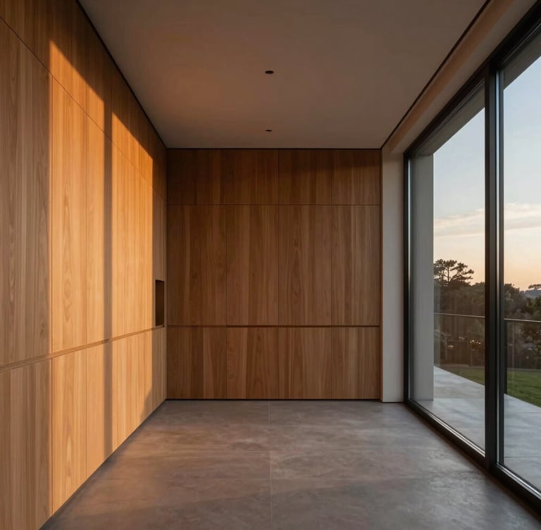 Sleek minimalist residential interior with warm oak cabinetry and integrated soft lighting, dusk light pouring through floor-to-ceiling windows, 35mm lens.