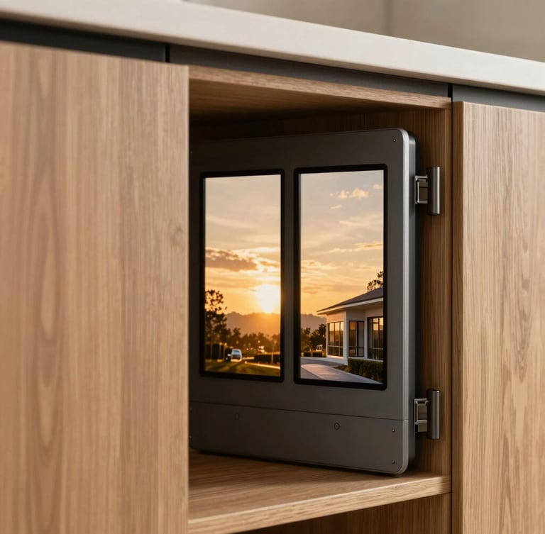 Close-up detail of custom oak cabinetry panel sliding open smoothly to reveal neatly organized, hidden smart home control panels, soft golden-hour lighting, warm architectural photography.