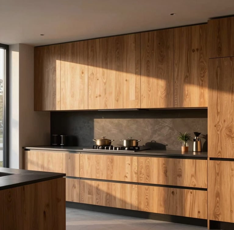 Sleek modern kitchen with warm oak custom cabinetry, clean lines, no visible hardware or wires, soft architectural lighting, 35mm lens, high-end residential.