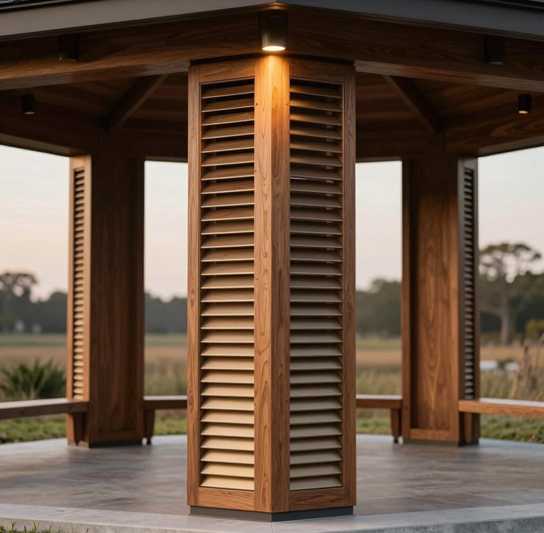 A straight-on medium shot of a custom-milled oak gazebo column, showing the seamless integration of motorized bronze louvers and concealed ambient downlighting, dusk light