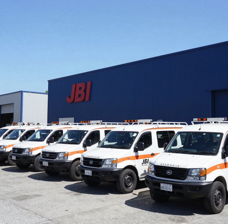Wide environmental shot of JBI Technologies fleet of utility vehicles parked outside their Queenstown, MD office, bright clear daylight, high-contrast, industrial setting, 35mm