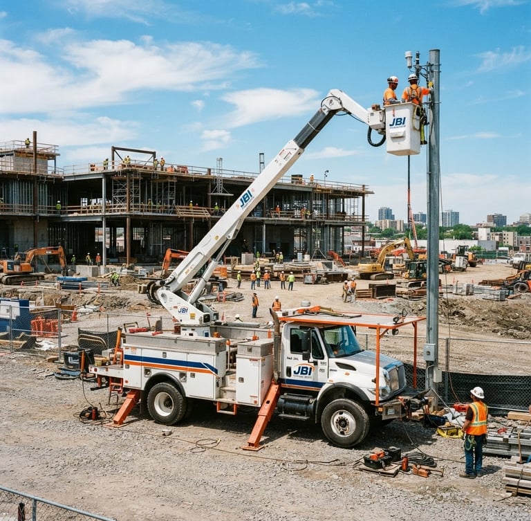 Wide shot of a JBI Technologies bucket truck on-site at a commercial construction project, technicians in safety gear visible, bright clear daylight, high-contrast, safety orange accents on equipment, 35mm