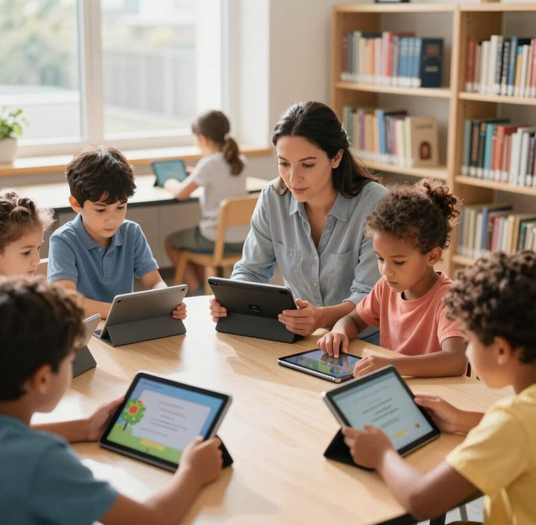 A teacher in a sunlit Cleveland library guiding a small group of diverse children as they interact with educational reading software on tablets, warm natural light.