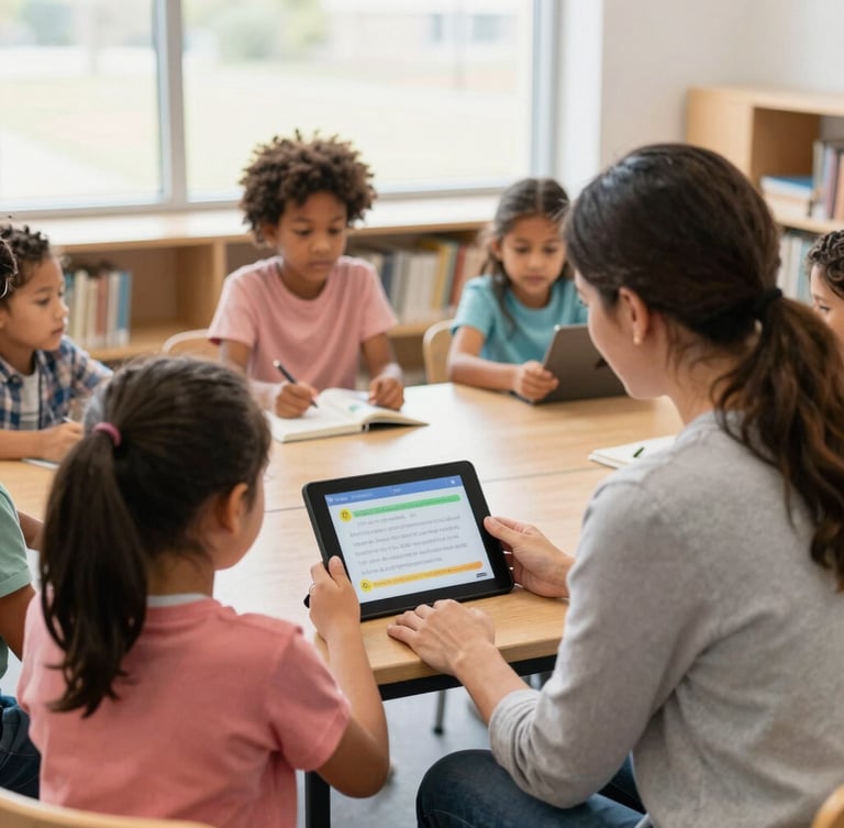 Over-the-shoulder view of a teacher guiding a small reading group in an Ohio library, a student holding a digital tablet displaying a colorful reading passage, warm natural window lighting.