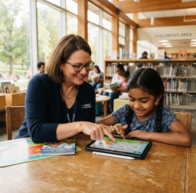 Over-the-shoulder shot of a friendly volunteer guiding a child using an adaptive tablet reading app in a brightly lit Columbus library, warm natural window light