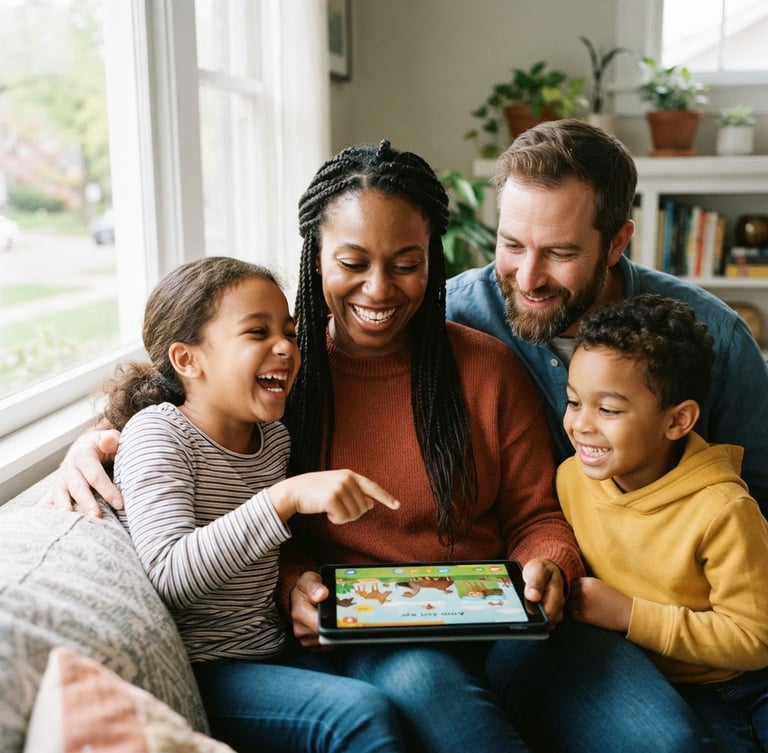 Warm editorial photography of a diverse Ohio family reading together on a tablet, bright natural window light, 35mm lens, close-up on shared smiling expression