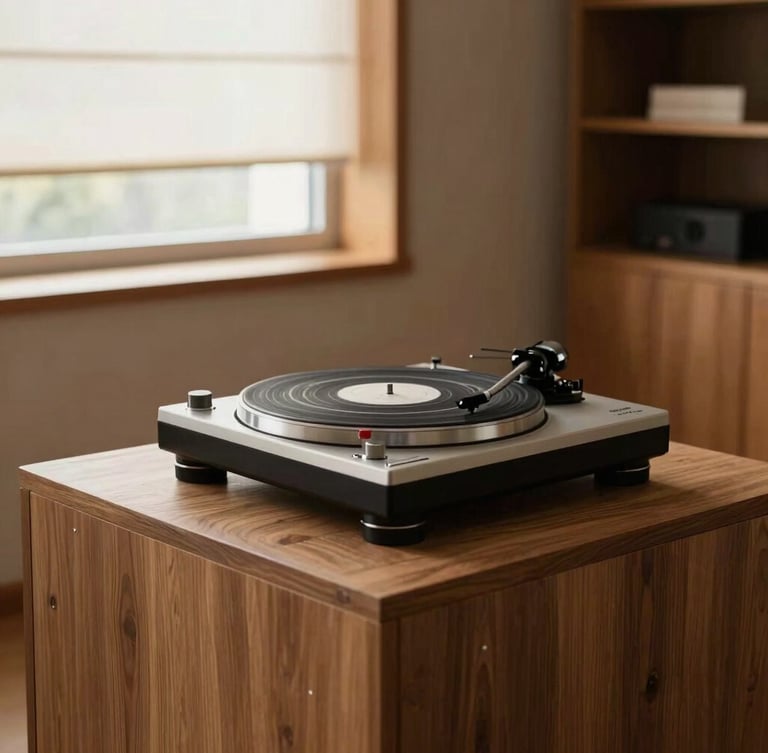 Wide environmental shot of a high-end turntable resting on a solid oak isolation platform inside a clean mid-century modern listening room, warm directional window light, 35mm