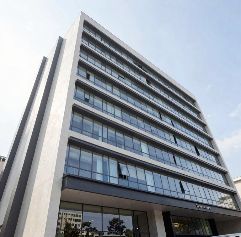 Wide-angle architectural photograph of a modern commercial building facade with clean lines and large windows, bright natural daylight, high-end real estate in Paraná