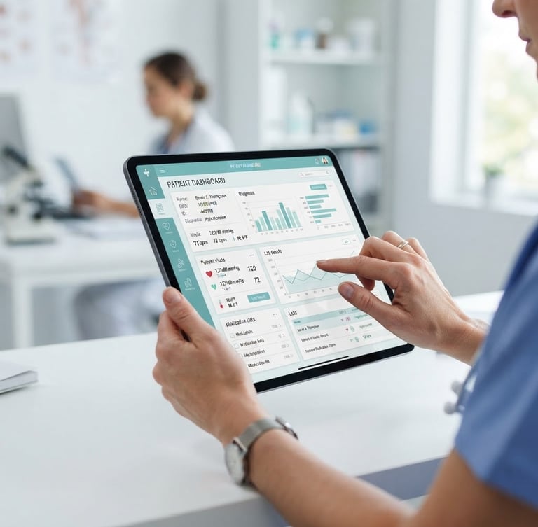 Bright clinical photography, hands operating a clean medical database on a tablet, soft clinical teal accents, sharp focus