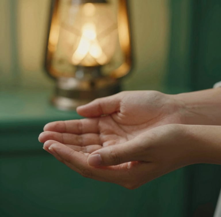 Close-up detail of open hands in quiet contemplation, softly lit by a warm lantern glow, shallow depth of field, rich emerald background.