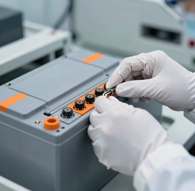 Close-up of a local assembly technician in cleanroom gear calibrating terminal connections on a slate gray battery enclosure, sharp industrial lighting, safety orange accents