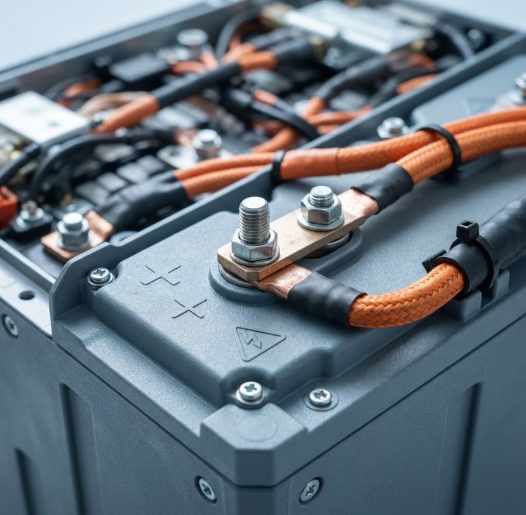 A macro studio shot of heavy-duty industrial LiFePO4 battery terminals, cool clean slate gray casing, sharp safety orange wiring accents, technical schematic overlay, sharp industrial photography, cool clean studio lighting, 50mm lens.