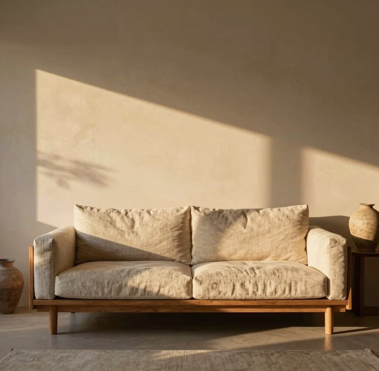 Cinematic shot of a warm minimalist living room, golden hour sunlight casting long soft shadows on a plaster wall, a linen sofa, oak wood details, and a ceramic vase