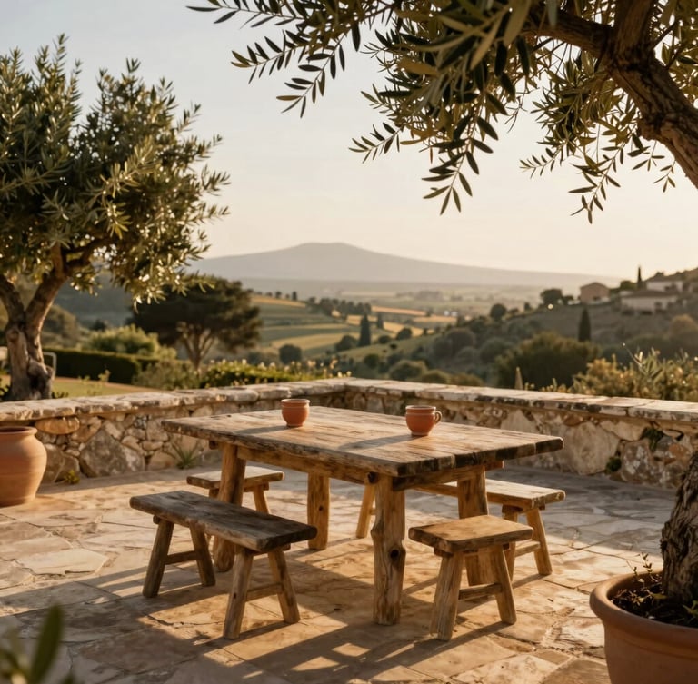 Warm sunlit stone villa terrace at golden hour, soft shadows of olive trees on rustic outdoor table with ceramic cups, Mediterranean landscape background