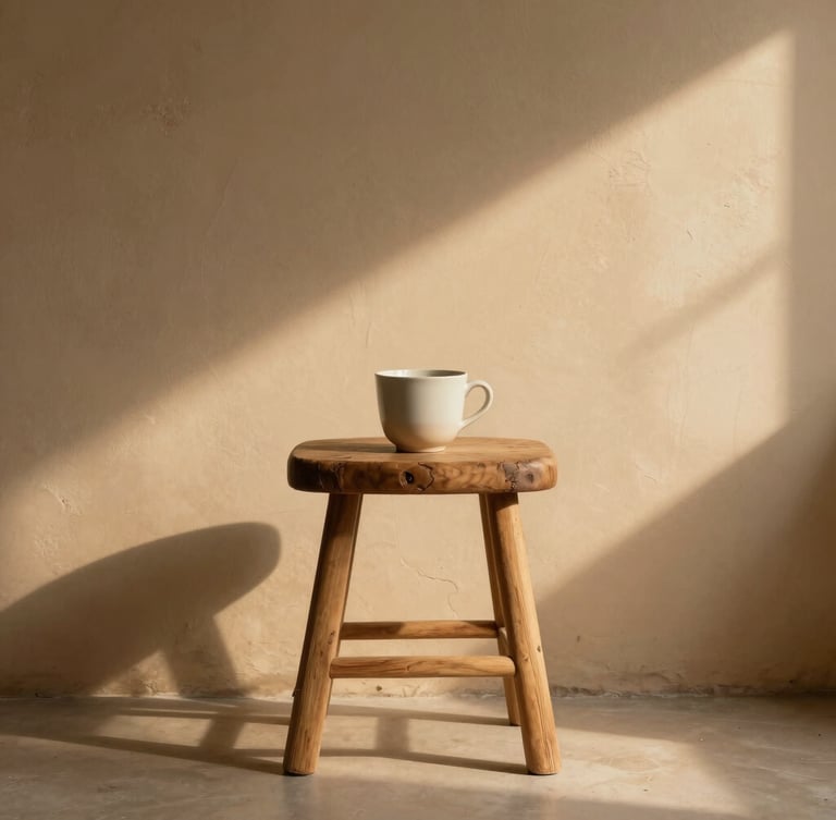 Cinematic shot of warm afternoon sunlight casting soft shadows on a plaster wall, a rustic wooden stool with a ceramic cup, minimalist editorial composition, warm sand tones.