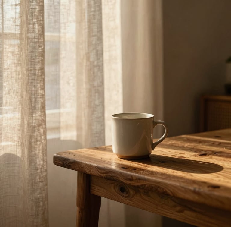 Plano medio de un salón minimalista bañado por la luz cálida del atardecer, una taza de cerámica sobre una mesa de madera rústica, cortinas de lino suave difuminando el sol directo, sombras alargadas y atmósfera serena, estilo editorial de diseño de interiores.