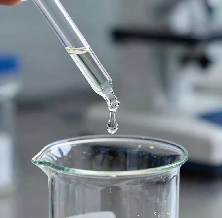 Sharp macro shot of a clear cosmetic ester liquid dripping from a glass pipette into a pristine beaker, cool industrial laboratory lighting, steel background, 35mm