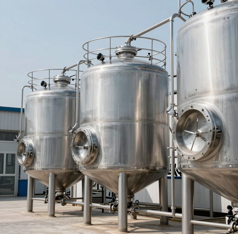 Pristine stainless steel mixing tanks in a modern chemical storage facility, bright cool daylight, sharp focus, clean industrial aesthetic