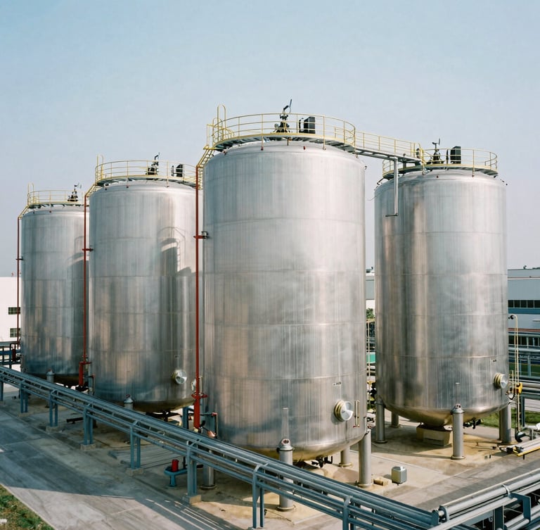 Modern chemical storage facility with pristine stainless steel tanks, structured logistics bay, cool bright daylight, technical 35mm photography
